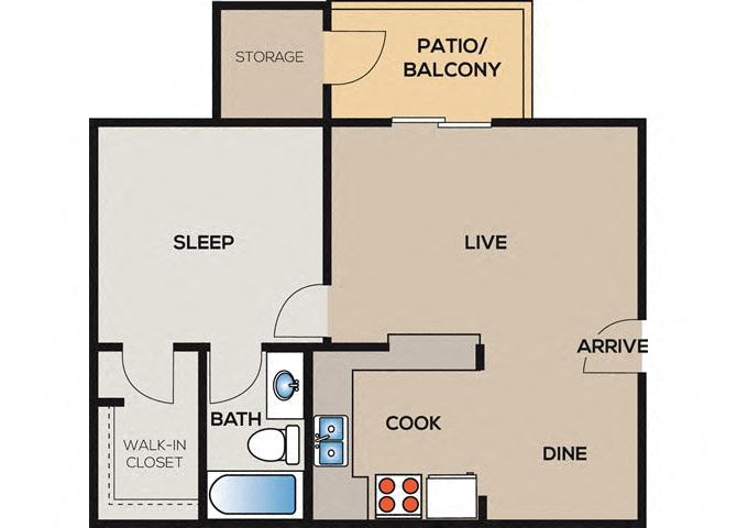 Floor plan for 1 bed, 1 bath, 606 sqft